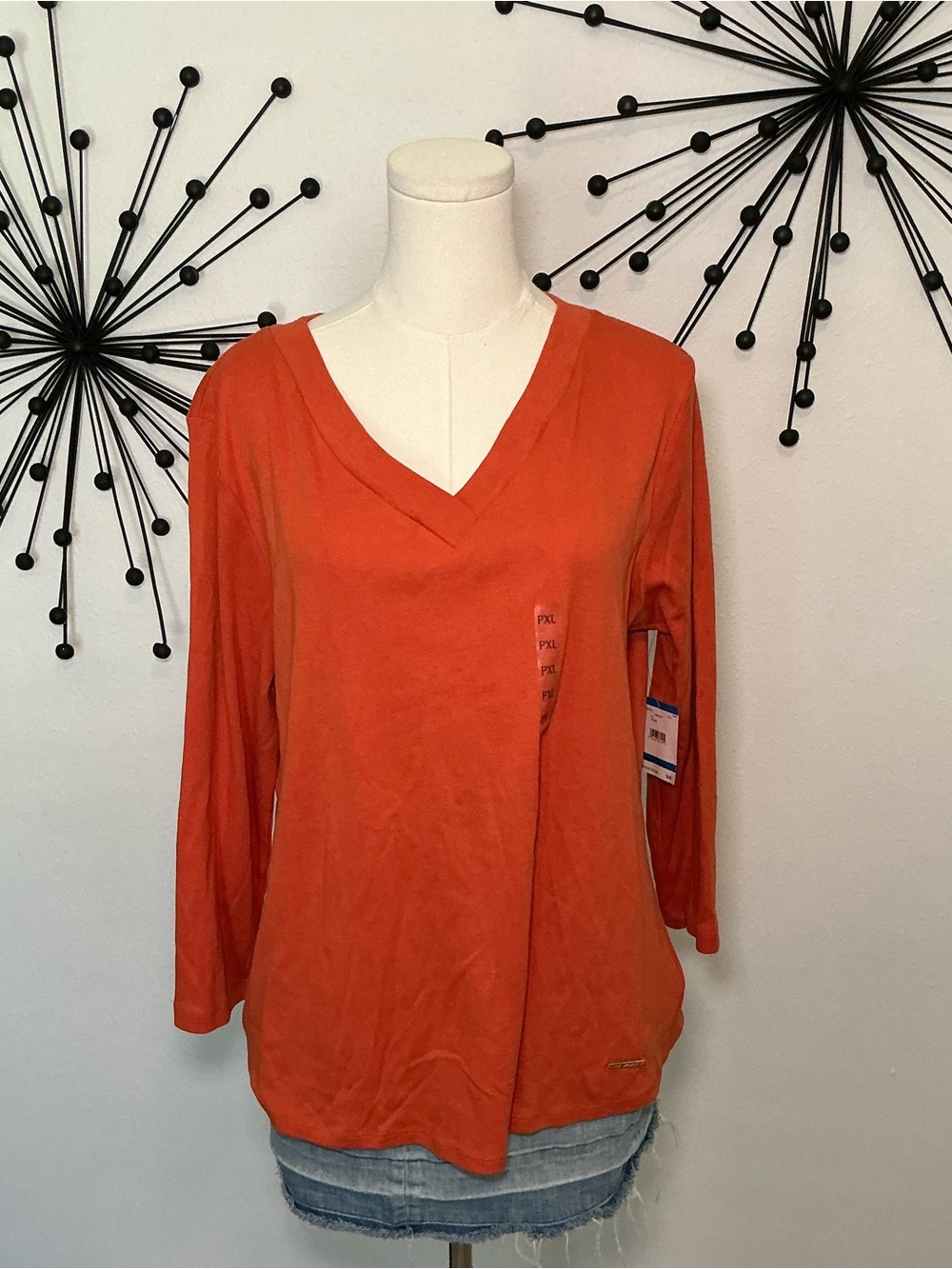 Calvin Klein Sport Burnt Orange V Neck Long Sleeve Top Size PXL NWT